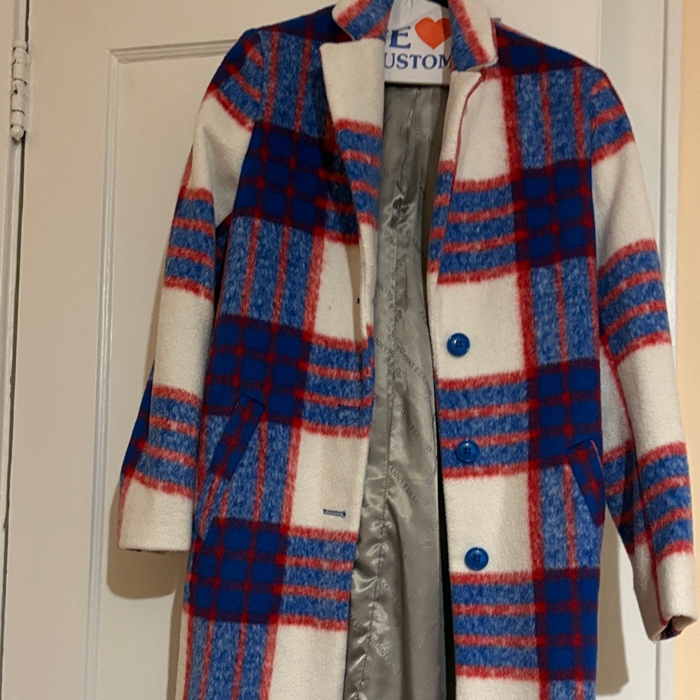 Plaid Wool-Blend Trench Coat in Blue, Red & White by